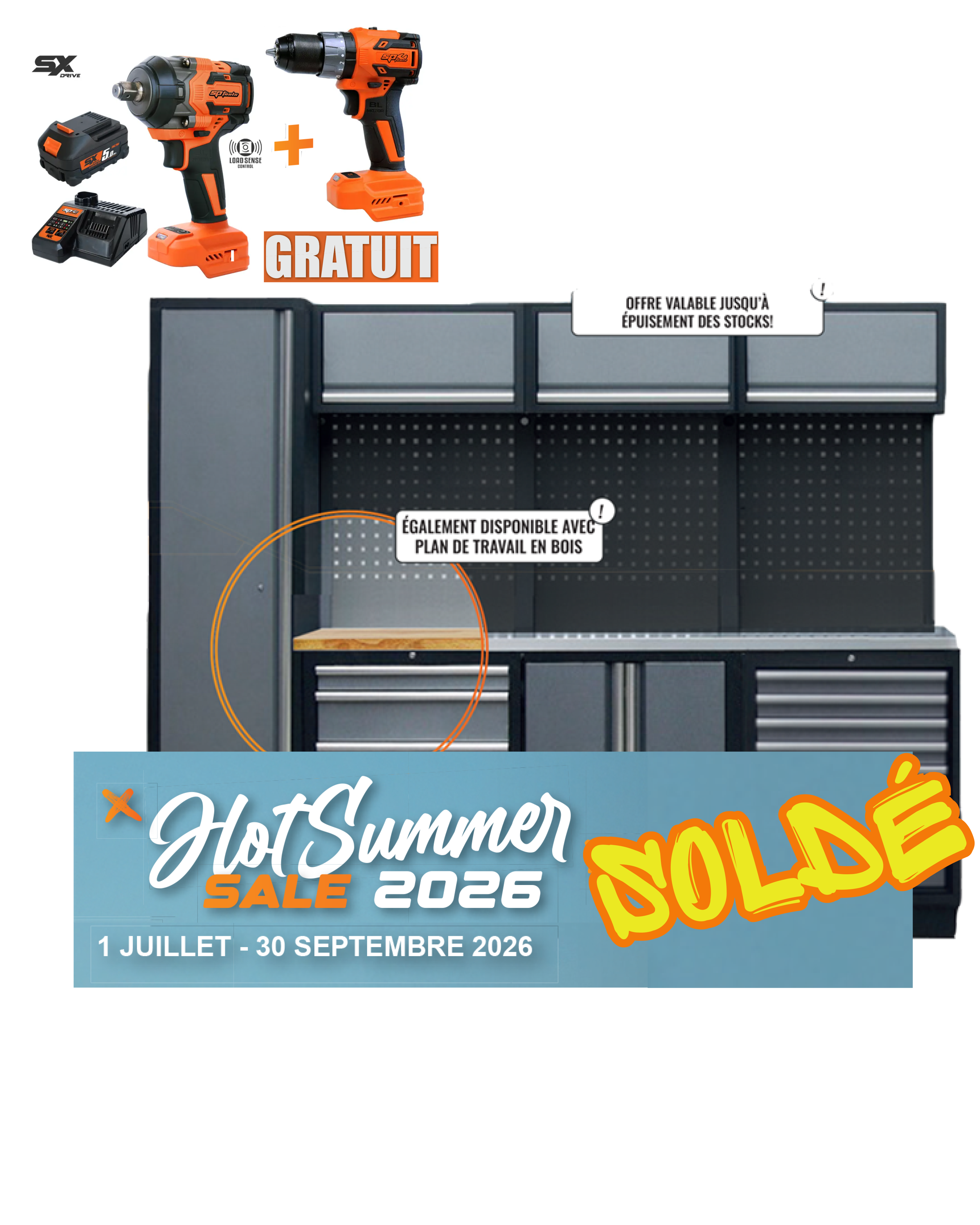 Mobilier SP - 3 meubles bas, 3 meubles hauts, 1 armoire 1 porte, 3 panneaux perforés | SP Tools