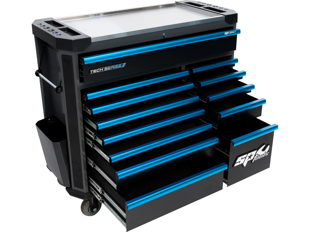 Servante XL 14 tiroirs dont 10 équipés de 464 outils CUSTOM SERIES Noire/Bleue | SP Tools