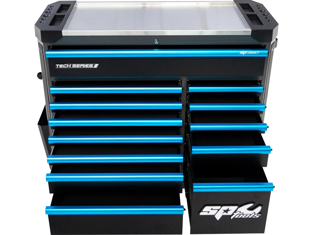 Servante XL 14 tiroirs dont 10 équipés de 464 outils CUSTOM SERIES Noire/Bleue | SP Tools