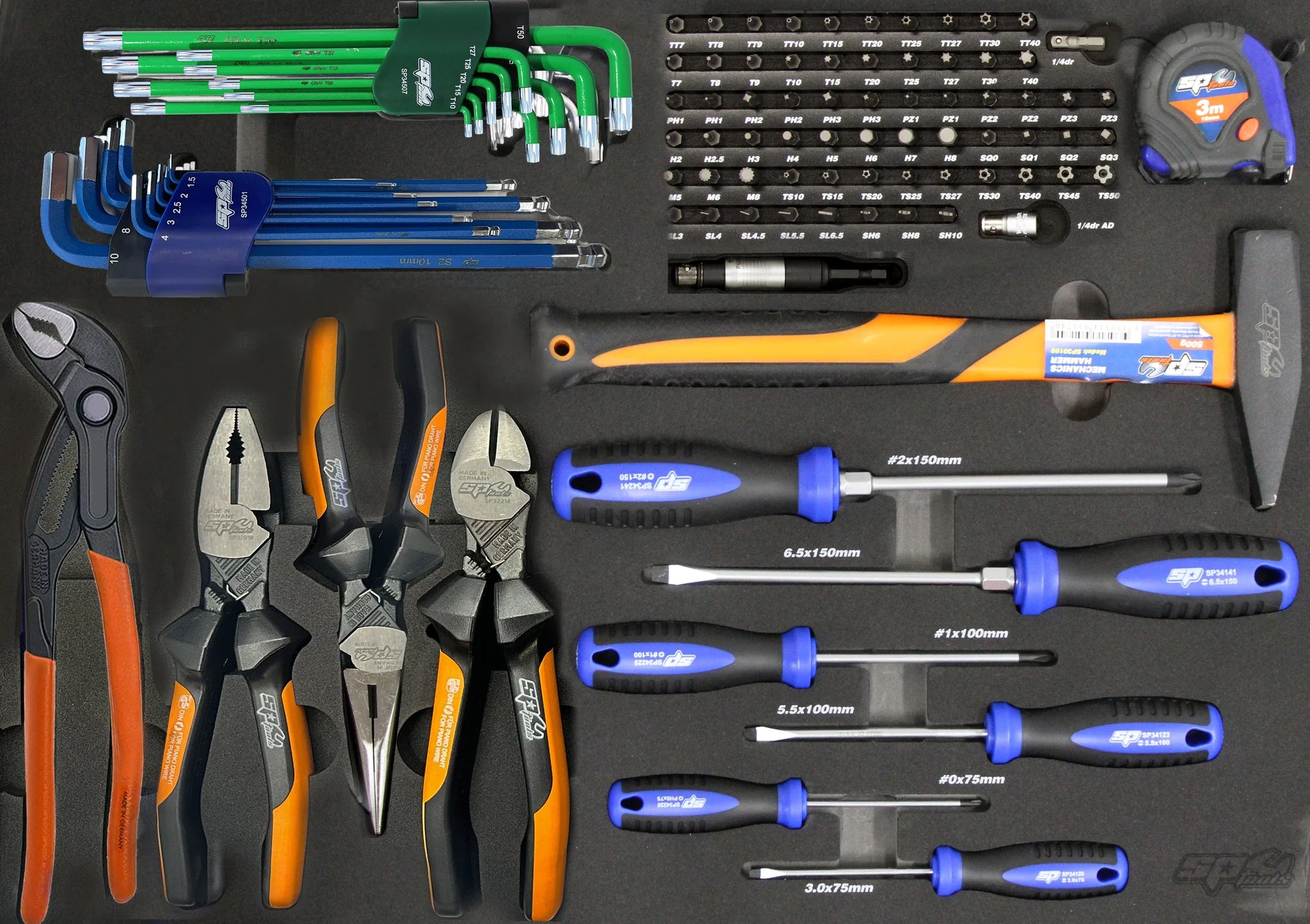 Module tournevis, pinces (x4 allemandes), clés, embouts, marteau - 97 pièces (M) | SP Tools