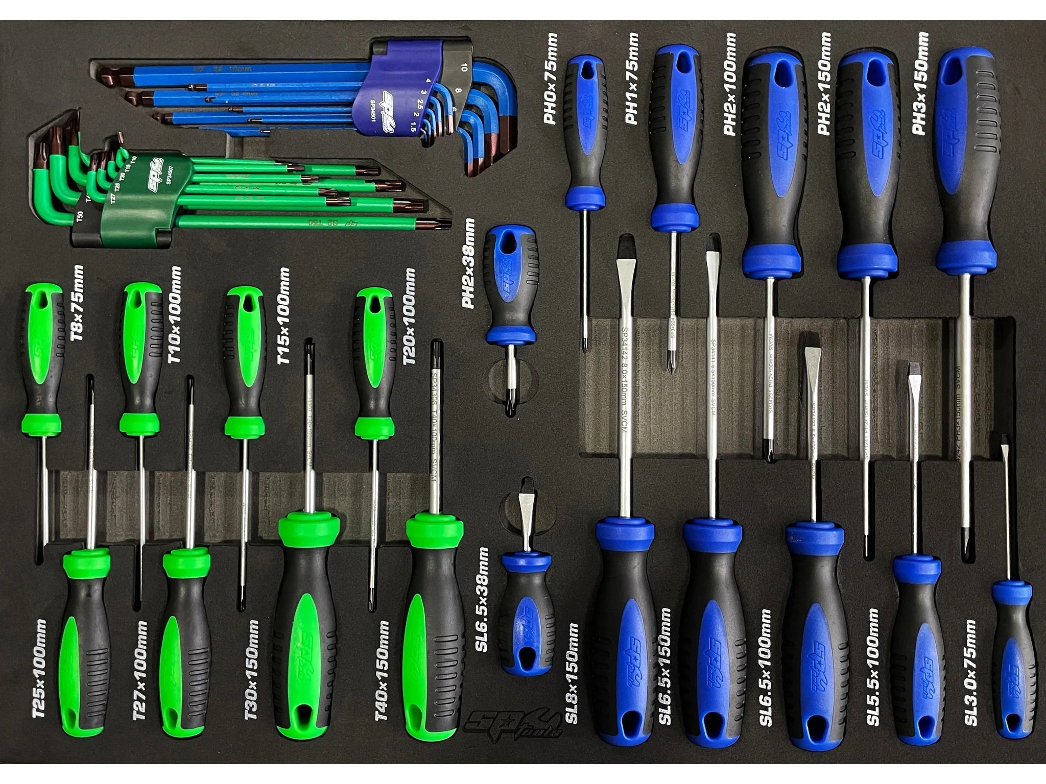Servante 9 tiroirs dont 7 équipés de 339 outils CUSTOM SERIES Noire/Bleue | SP Tools