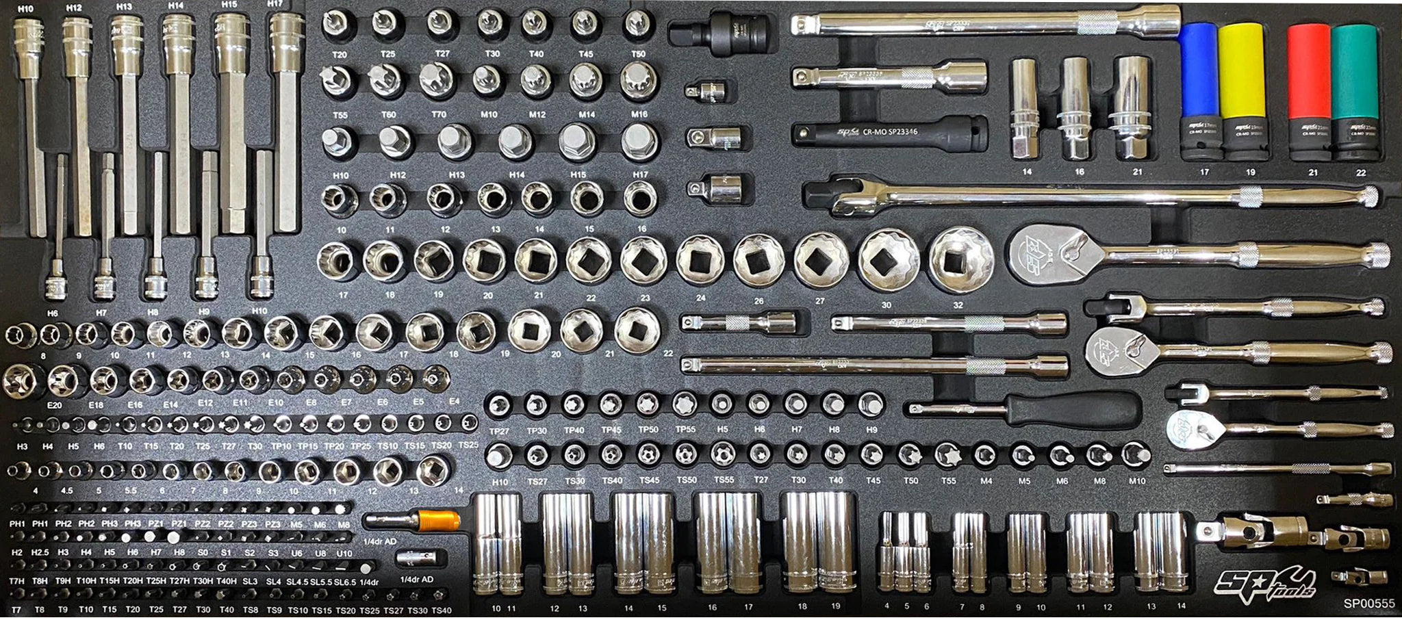 Module 1/4'' 3/8'' 1/2" douilles, empreintes, cliquets, accessoires - 254 pièces (L) | SP Tools