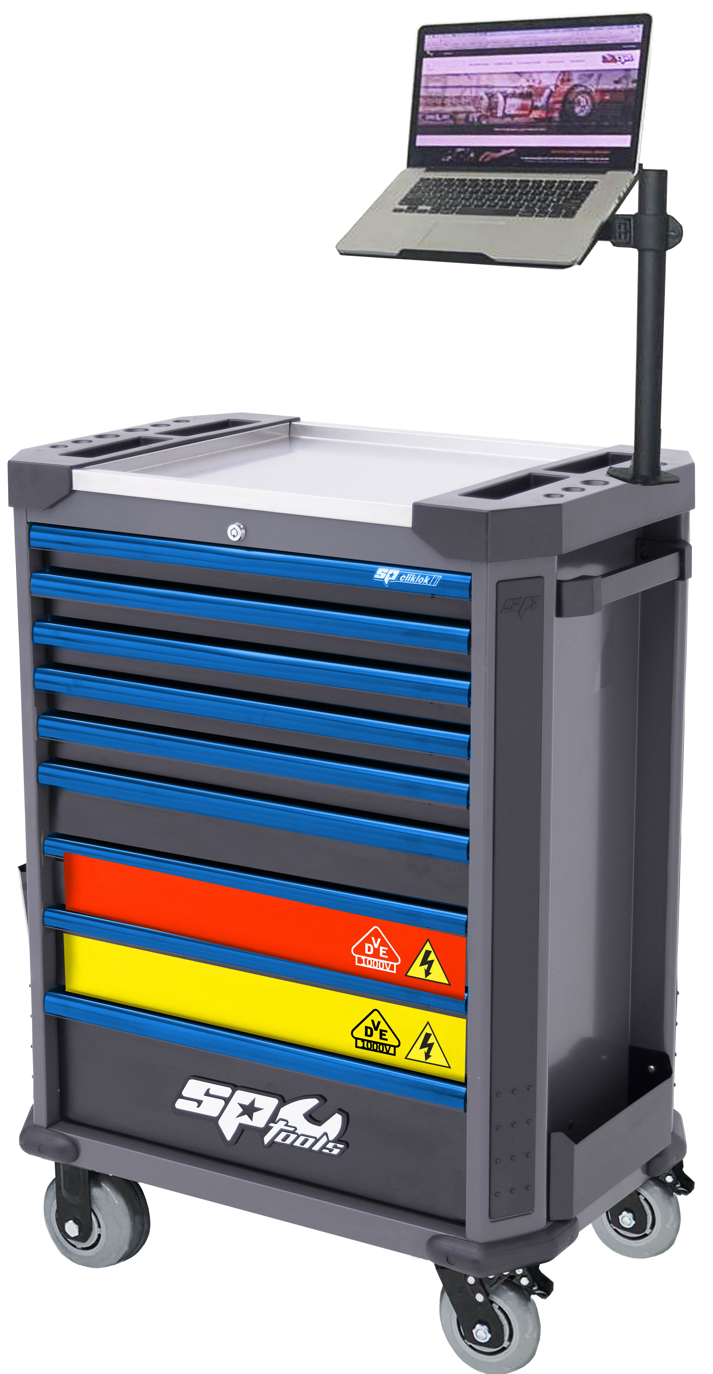 Servante VDE 1000V 9 tiroirs dont 6 équipés de 342 outils Noire/Bleue TECH SERIES | SP Tools | SP01104