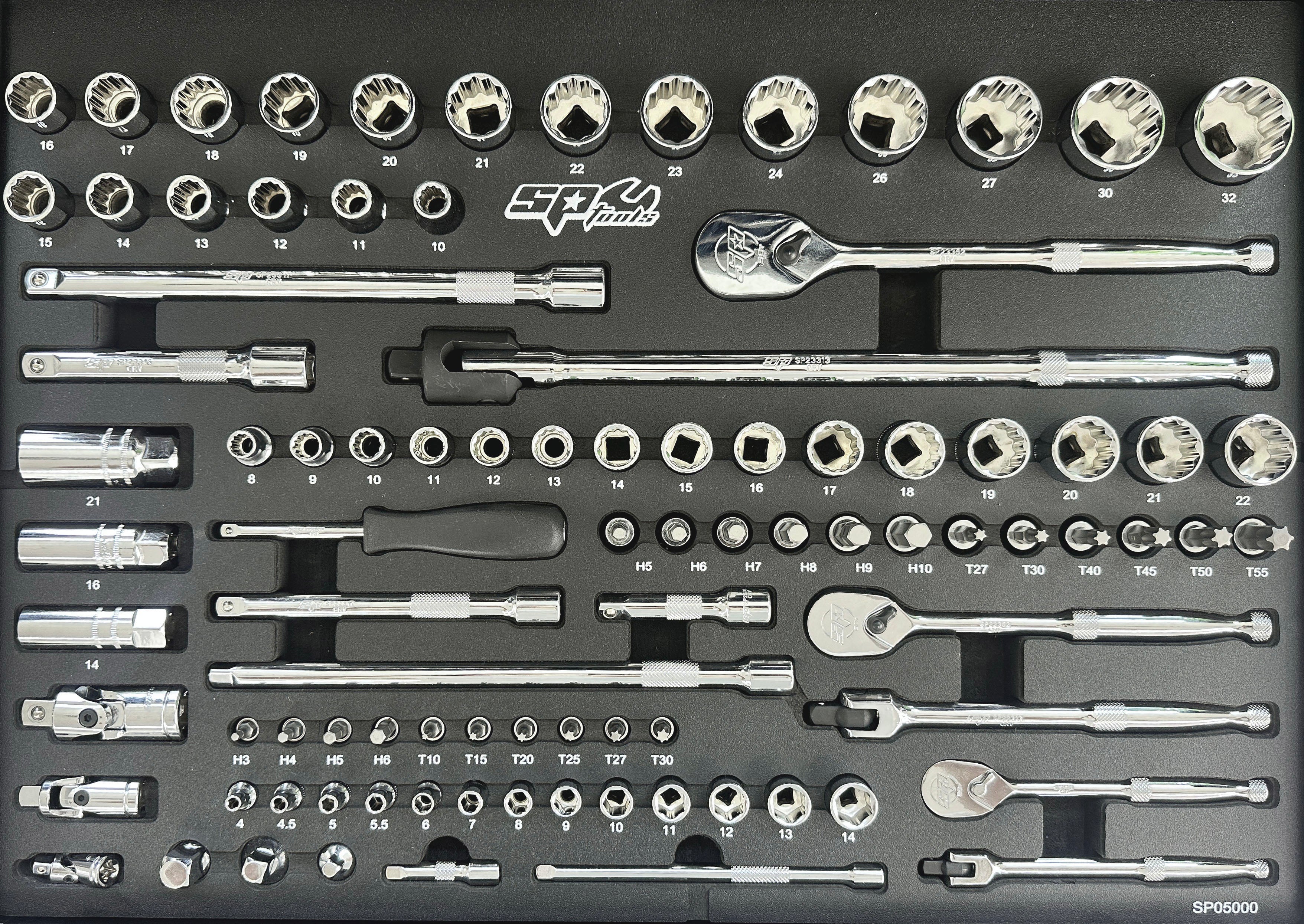 Module 1/4'' 3/8'' 1/2'' douilles, cliquets, accessoires - 86 pièces (M) | SP Tools | SP05000