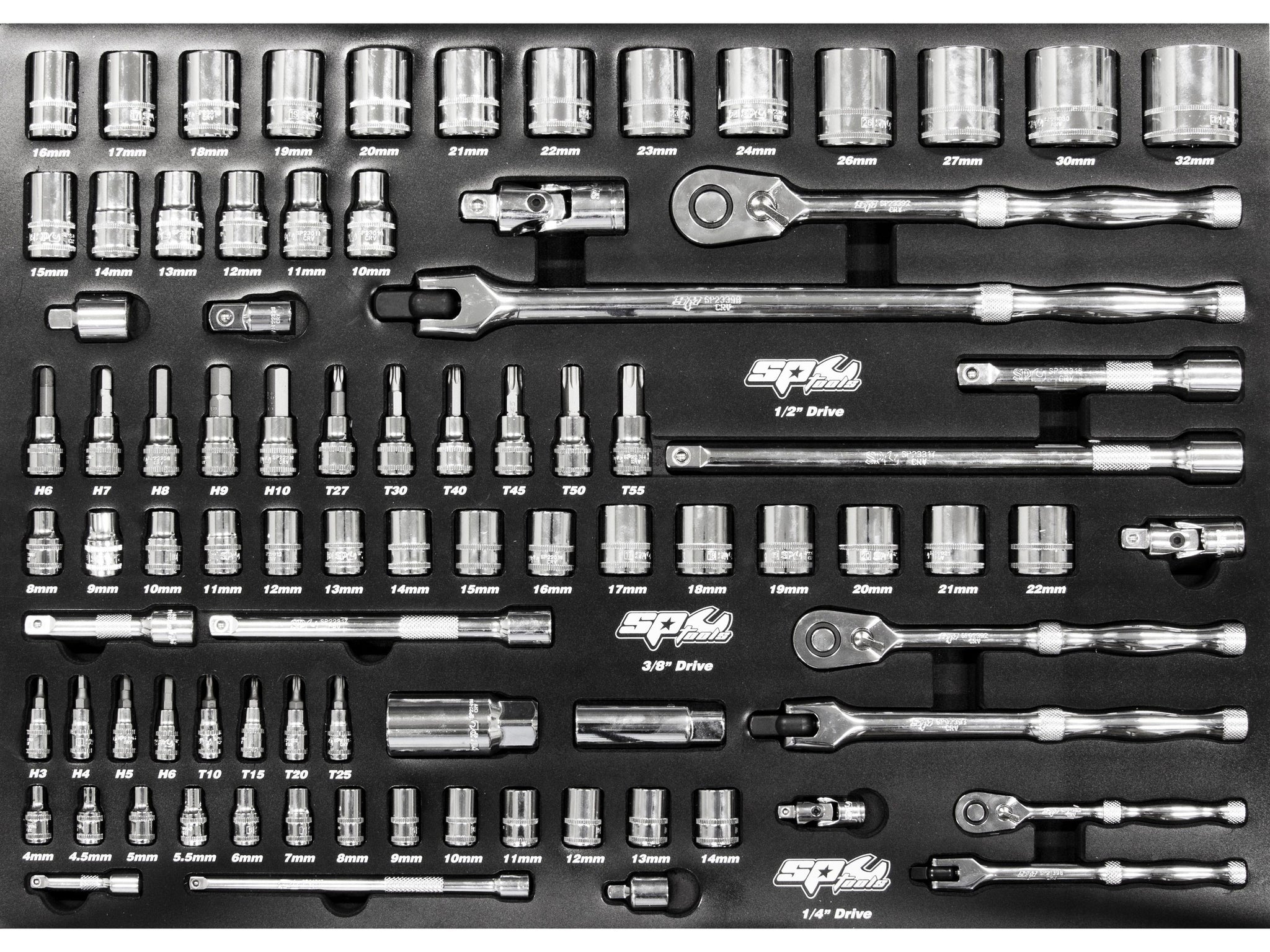 Servante 7 tiroirs dont 4 équipés de 233 outils CUSTOM SERIES Noire/Grise | SP Tools