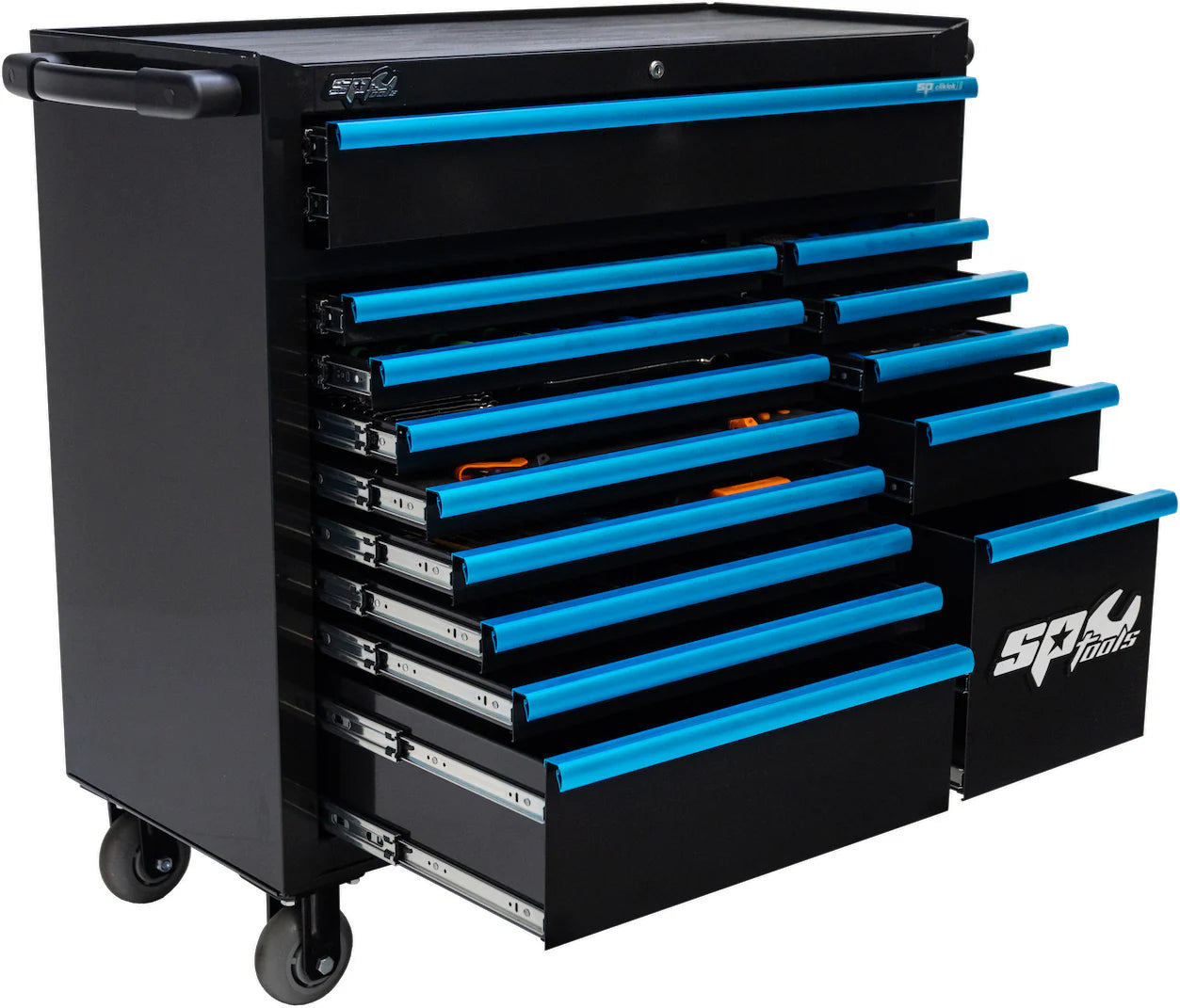 Servante MOTOS XL 14 tiroirs dont 9 équipés de 363 outils CUSTOM SERIES Bleue | SP Tools