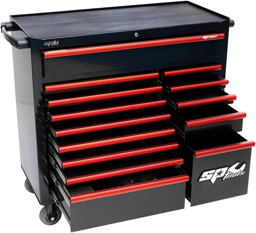 Servante MOTOS XL 14 tiroirs dont 9 équipés de 363 outils CUSTOM SERIES Rouge | SP Tools