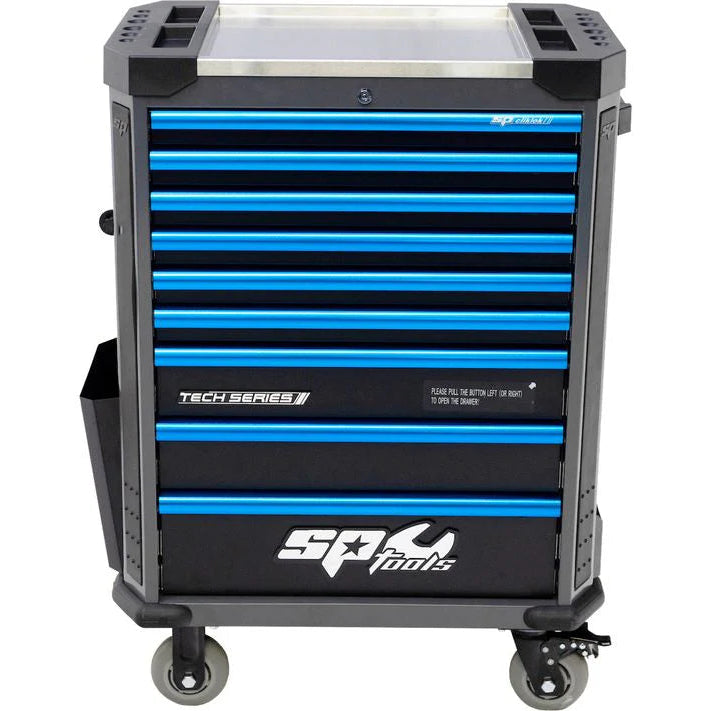 Servante 9 tiroirs dont 7 équipés de 339 outils CUSTOM SERIES Noire/Bleue | SP Tools