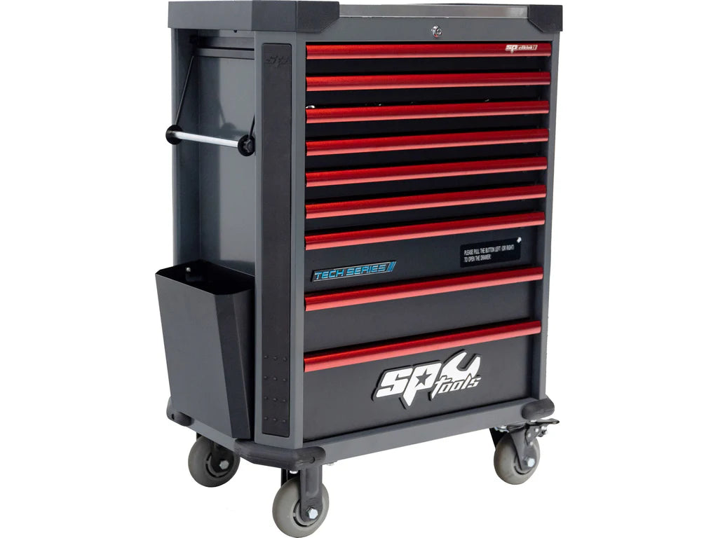 Servante MOTOS 9 tiroirs dont 8 équipés de 339 outils CUSTOM SERIES Noire/Rouge | SP Tools