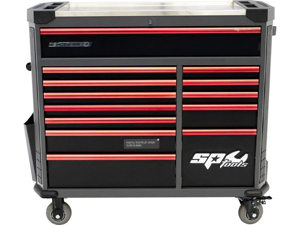 Servante XL 14 tiroirs dont 10 équipés de 464 outils CUSTOM SERIES Noire/Rouge | SP Tools