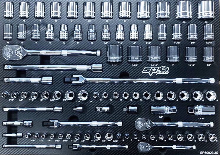 Module 1/4'' 3/8'' 1/2'' douilles, cliquets, accessoires en pouces - 86 pièces (M) | SP Tools | SP50023US