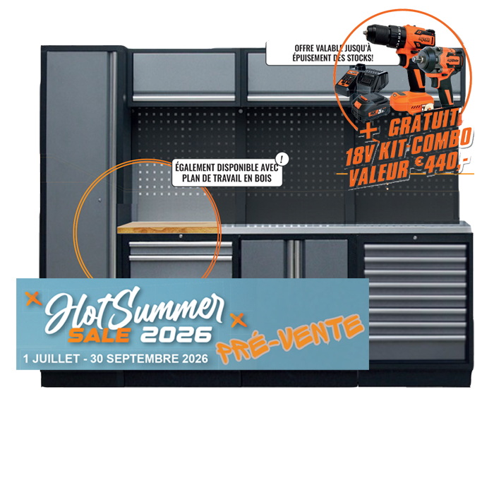 Mobilier SP - 3 meubles bas, 3 meubles hauts, 1 armoire 1 porte, 3 panneaux perforés | SP Tools