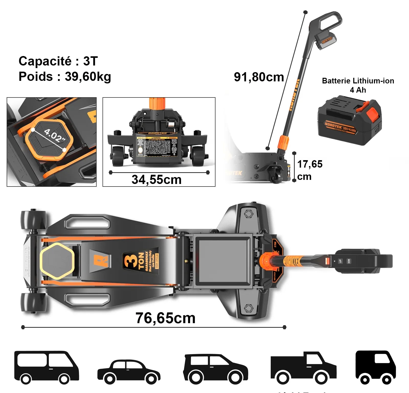 Cric électrique profil bas, 3 tonnes