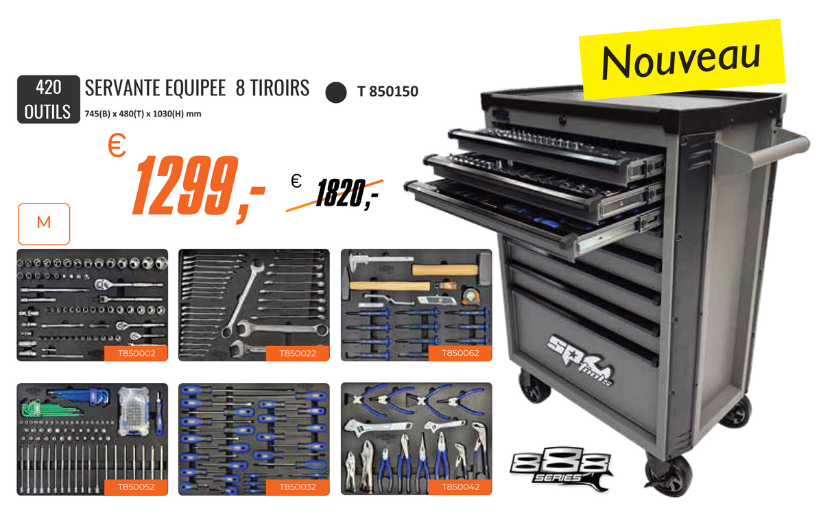 Servante 8 tiroirs dont 6 équipés de 420 outils 888 SERIES | SP Tools | T850150