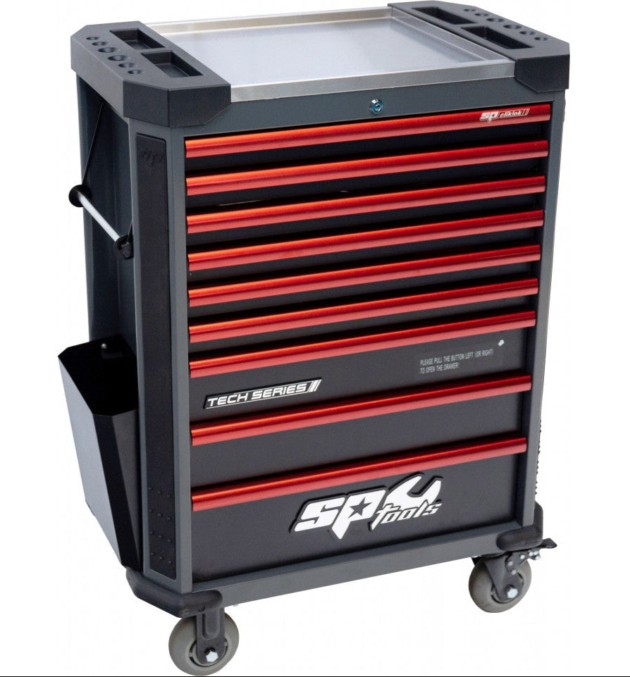 Servante 9 tiroirs dont 7 équipés de 387 outils Noire/Rouge TECH SERIES | SP Tools | SP00328C