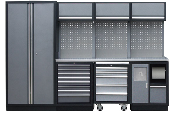 Aménagement d'atelier ou garage - 1 armoire double, 2 meubles bas, 1 servante, 3 panneaux perforés, 3 meubles hauts | SP Tools