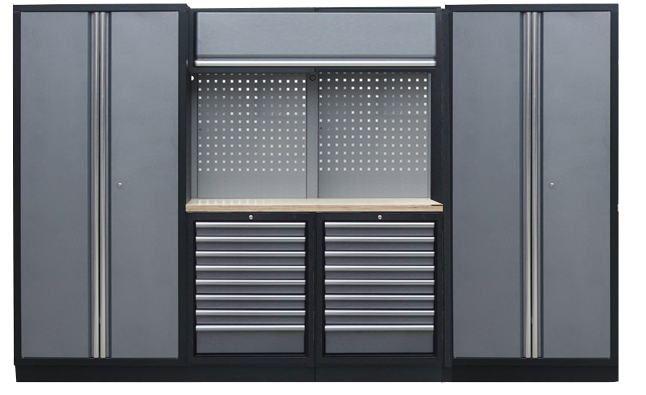 Aménagement d'atelier ou garage - 2 armoires doubles, 2 meubles bas, 2 panneaux perforés, 1 meuble haut | SP Tools