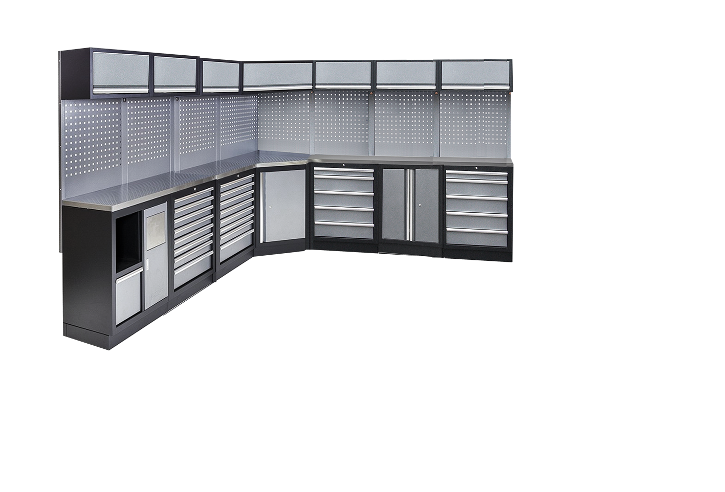 Aménagement d'atelier ou garage - en angle - 7 meubles bas, 8 panneaux perforés, 7 meubles hauts | SP Tools