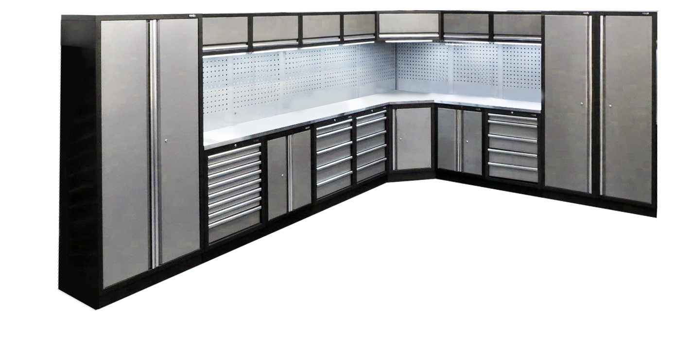 Aménagement d'atelier ou garage - en angle - 2 armoires hautes, 7 meubles bas, 8 panneaux perforés, 7 meubles hauts | SP Tools