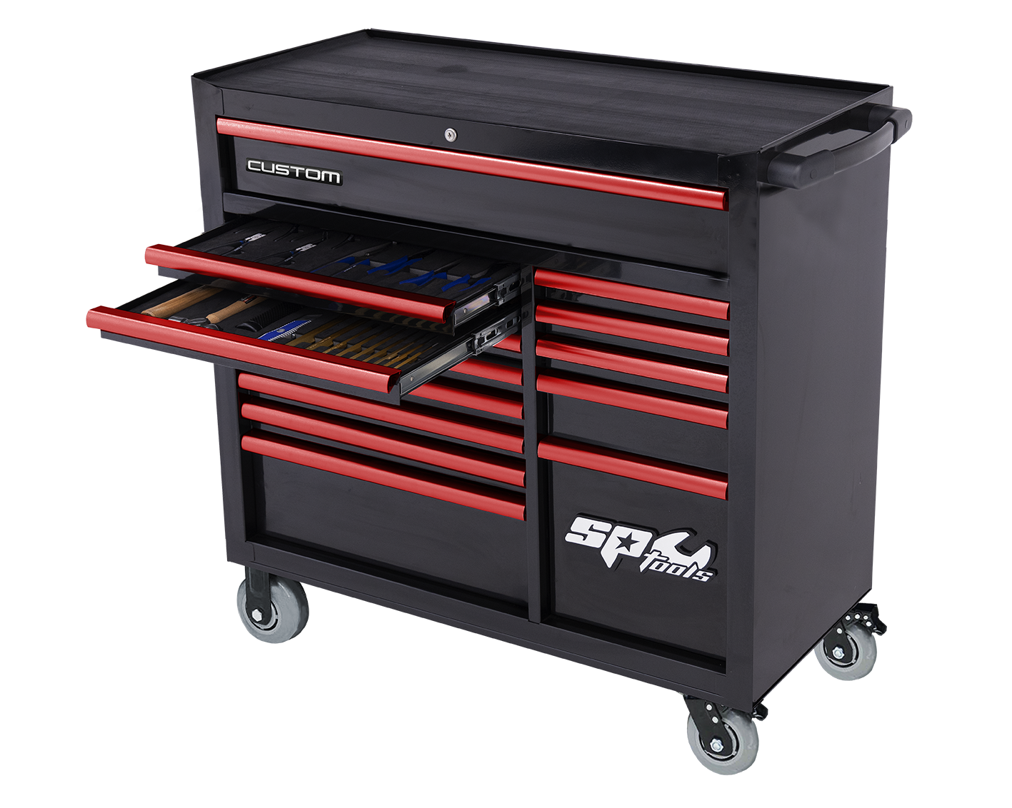 Servante XL 14 tiroirs équipée - 424 pièces | SP Tools Noir Rouge
