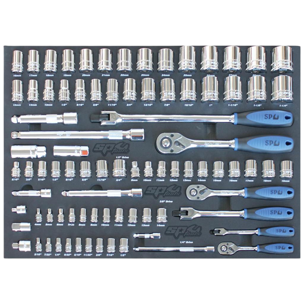 Module douilles et accessoires 1/4'' - 3/8'' - 1/2'' métrique et pouces - 84pcs (M) | SP Tools Default Title