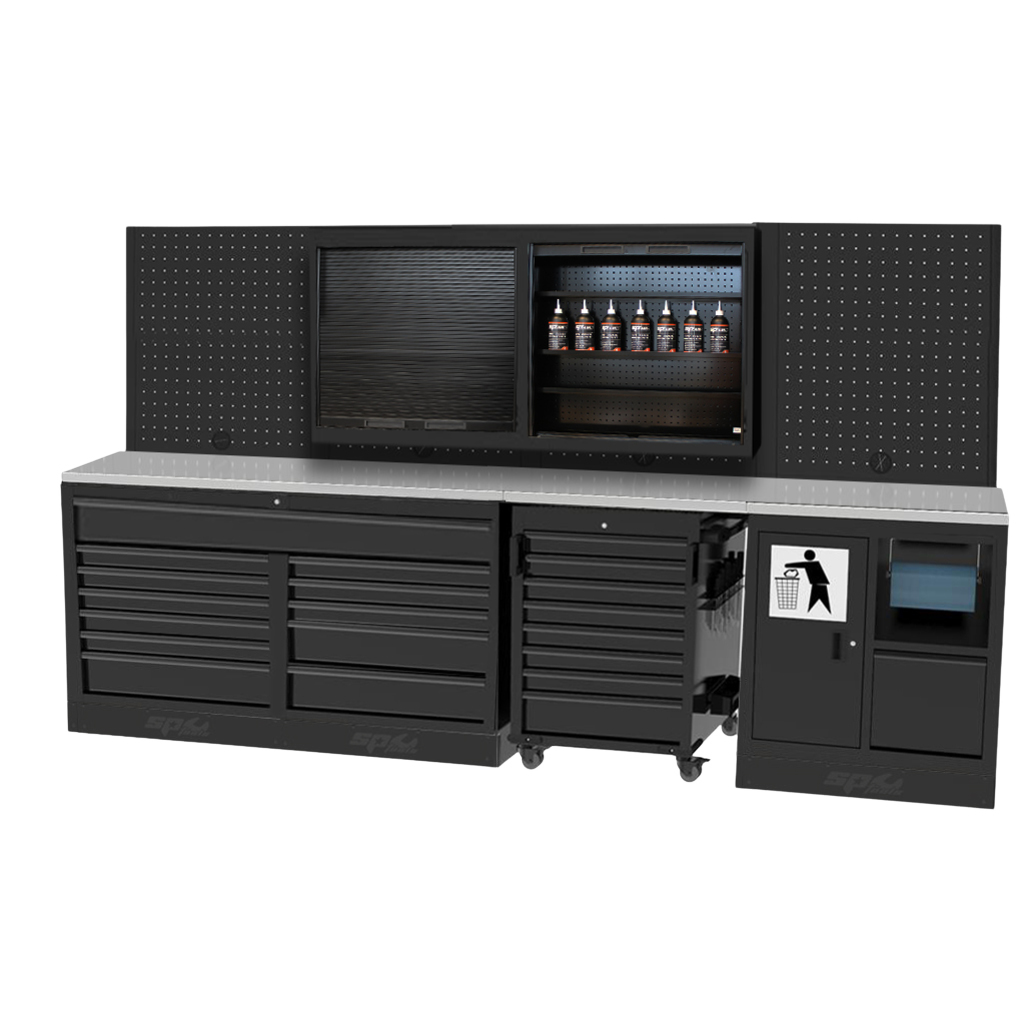 Composition 4 modules avec panneaux perforés servante et armoire rideau USA | SP Tools Inox