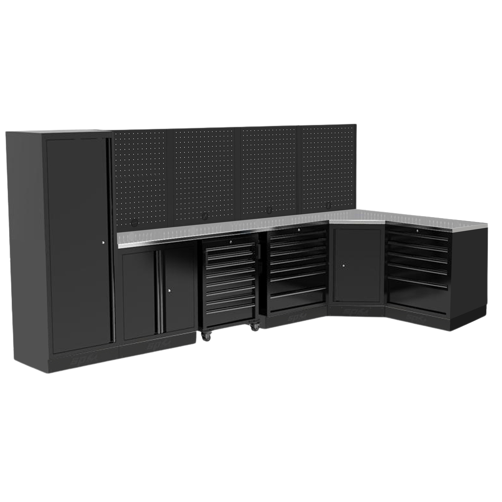 Composition 5 modules angle panneaux perforés servante et armoire 1 porte USA | SP Tools Inox