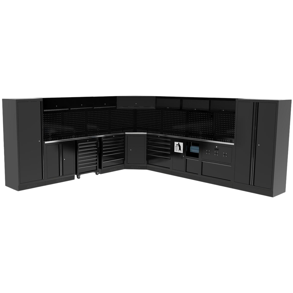 Composition 7 modules avec angle et panneaux perforés servante et armoire 1 porte USA | SP Tools Inox