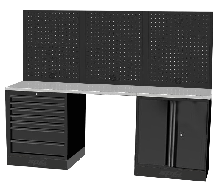 Aménagement d'atelier ou garage - établi 2 meubles bas avec 1 espace servante, 3 panneaux perforés | SP Tools