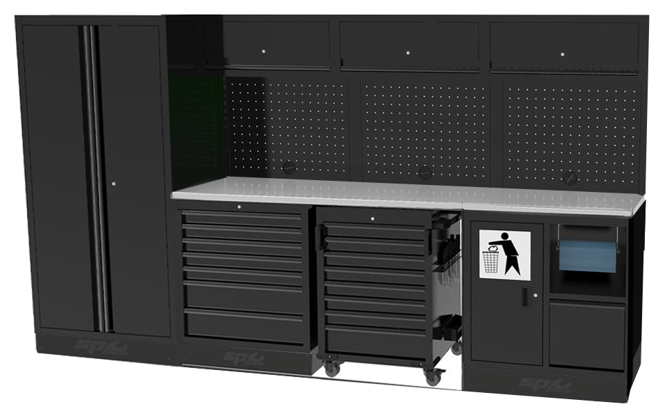 Aménagement d'atelier ou garage - 2 meubles bas et servante, 1 armoire double, 3 meubles hauts, panneaux perforés | SP Tools