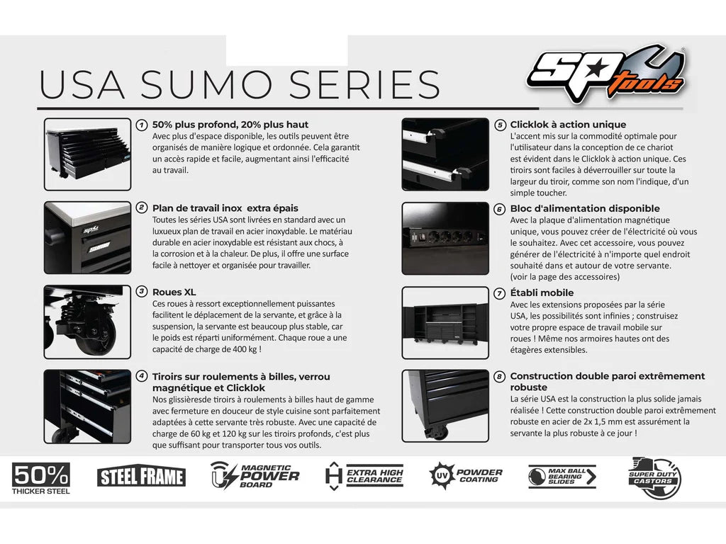 Servante 13 tiroirs dont 7 équipés de 618 outils USA SUMO Noire | SP Tools