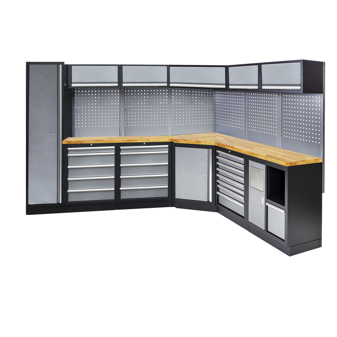 Mobilier SP - en angle - 1 armoire haute, 5 meubles bas, 6 panneaux perforés, 5 meubles hauts | SP Tools