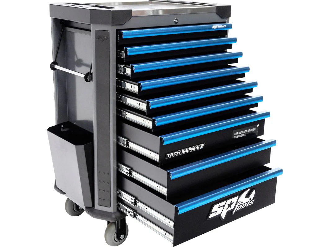 Servante 9 tiroirs dont 7 équipés de 339 outils CUSTOM SERIES Noire/Bleue | SP Tools