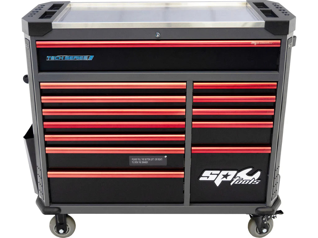 Servante XL 14 tiroirs dont 10 équipés de 464 outils CUSTOM SERIES Noire/Rouge | SP Tools