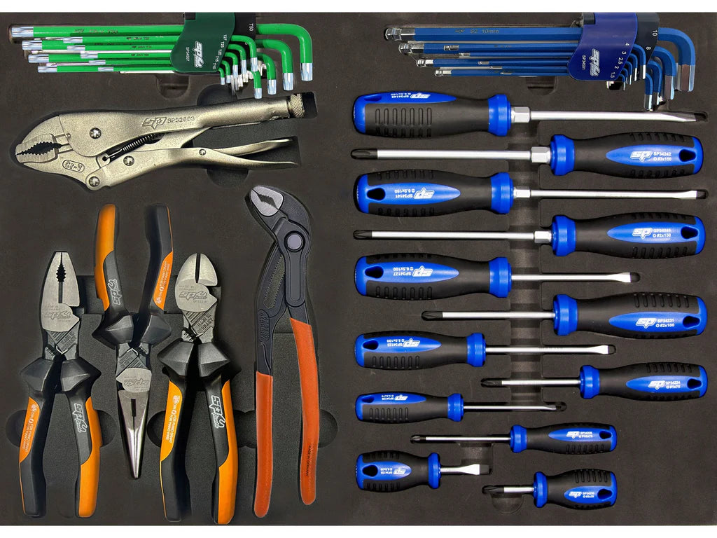 Servante MOTOS 9 tiroirs dont 8 équipés de 339 outils CUSTOM SERIES Noire/Bleue | SP Tools