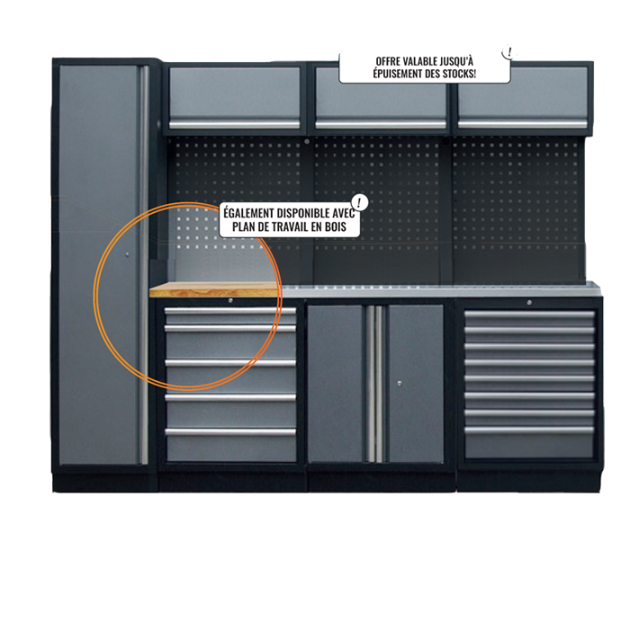 Mobilier SP - 3 meubles bas, 3 meubles hauts, 1 armoire 1 porte, 3 panneaux perforés | SP Tools