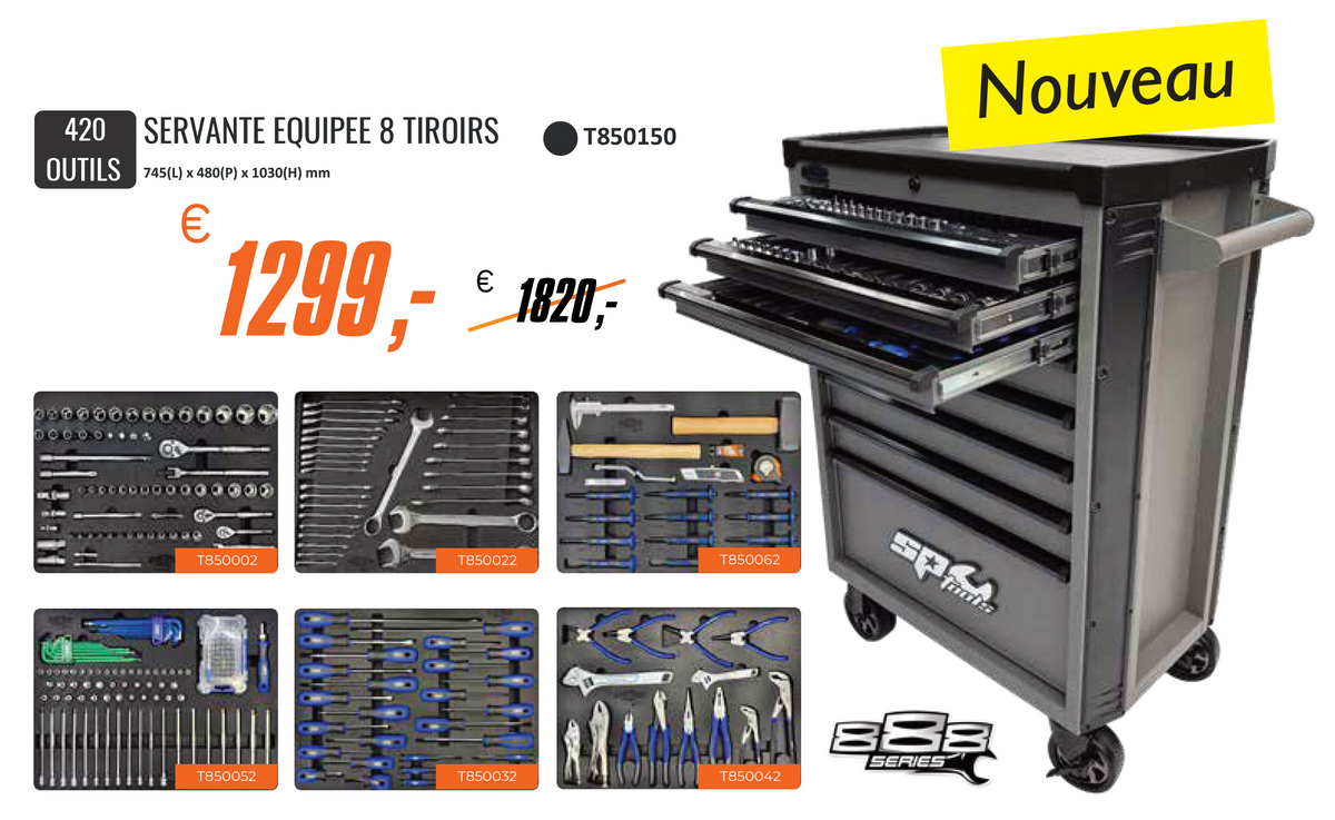 Servante 8 tiroirs dont 6 équipés de 420 outils 888 SERIES | SP Tools | T850150