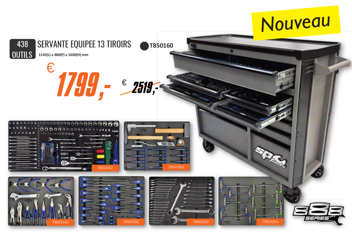 Servante 13 tiroirs dont 6 équipés de 438 outils 888 SERIES | SP Tools | T850160