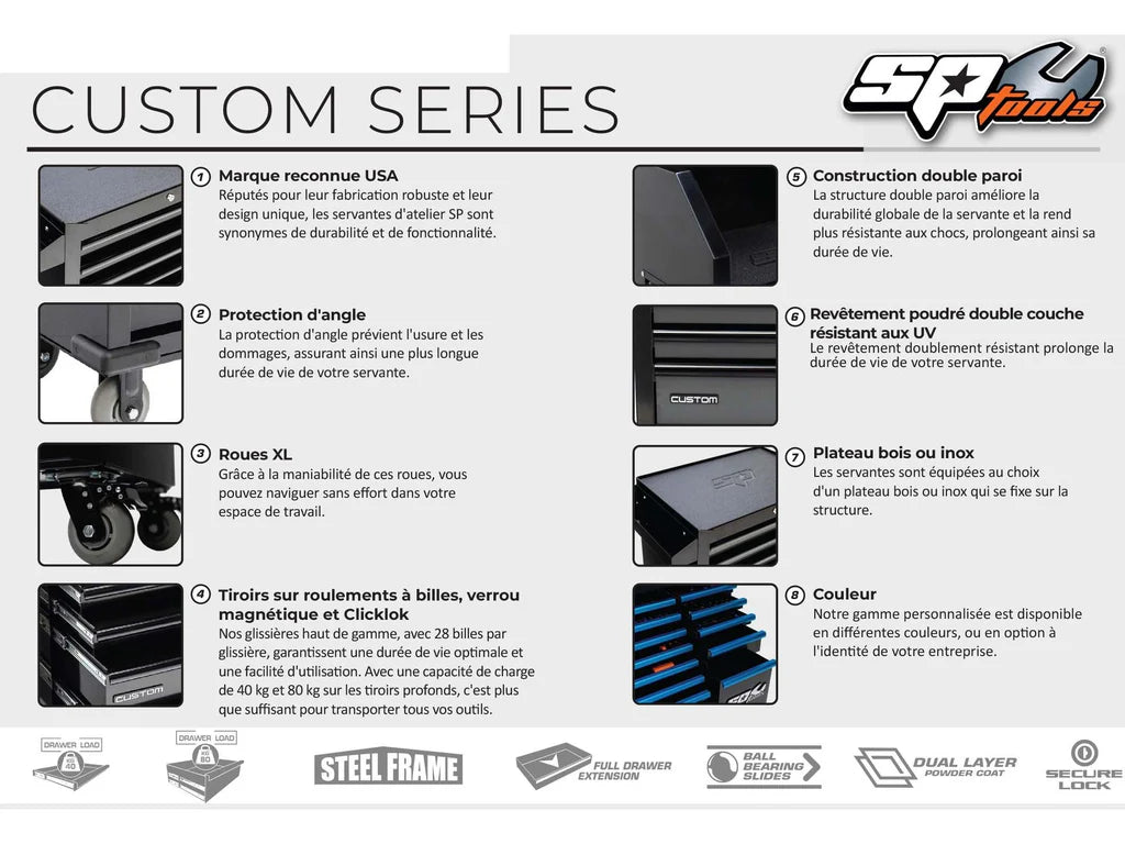 Servante XL 14 tiroirs dont 10 équipés de 464 outils CUSTOM SERIES Noire | SP Tools