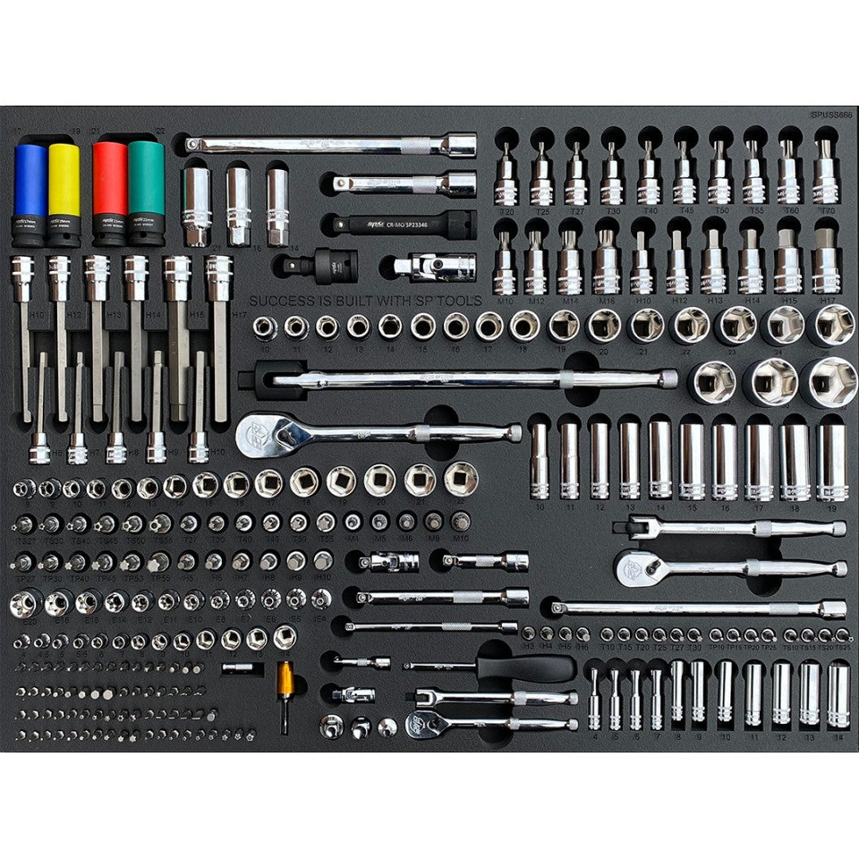 Module 1/4" - 3/8" - 1/2", douilles, empreintes, cliquets, accessoires - 254 pièces (XL) | SP Tools | SPUSS066
