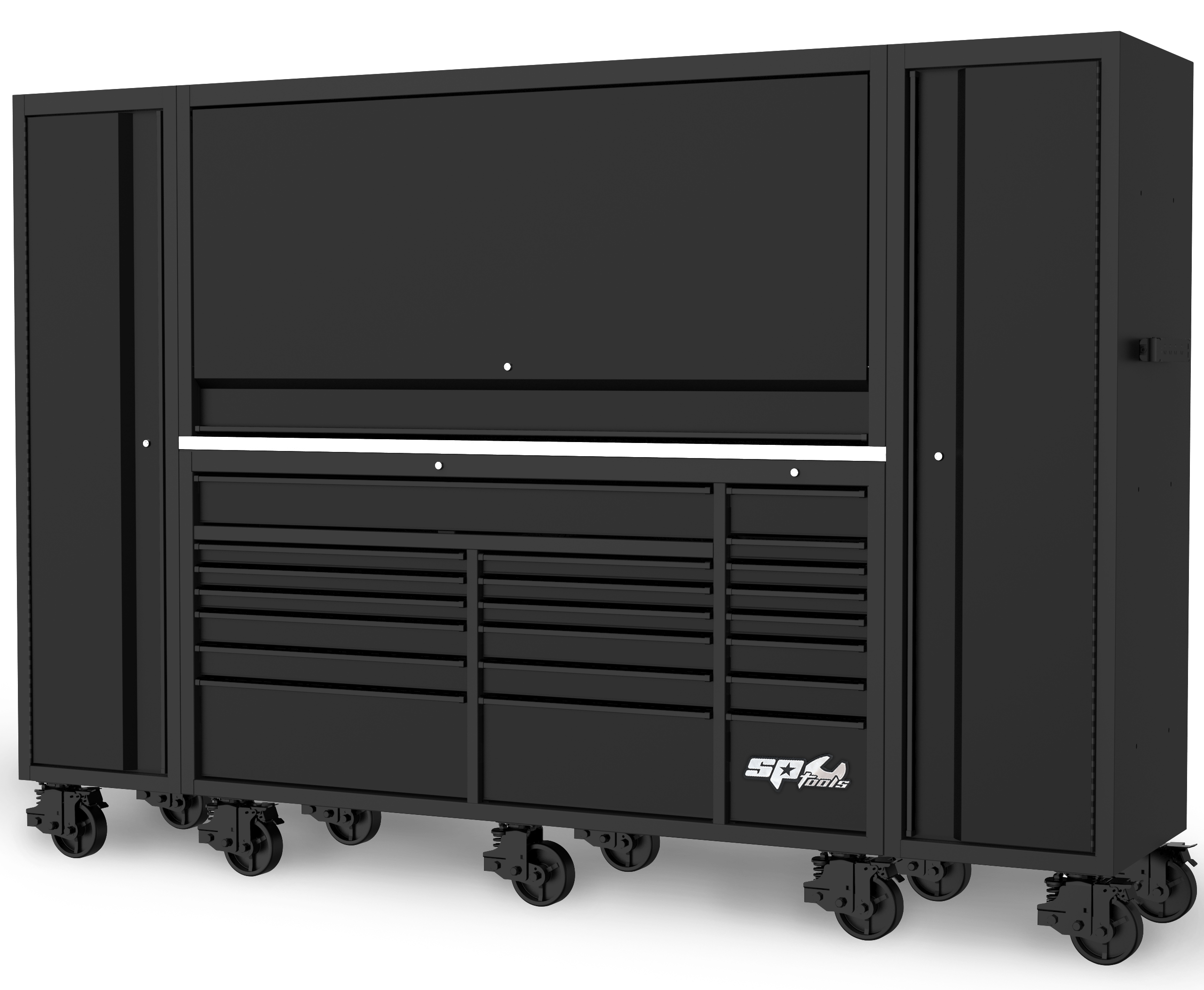 Établi mobile professionnel XL 21 tiroirs avec cabine alimentée et 2 armoires équipé - Noir - 633 pièces | SP Tools Default Title